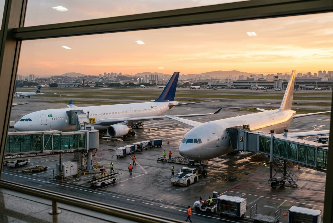 Dois aviões de grande porte lado a lado nos portões de um aeroporto brasileiro ao amanhecer, um de cauda azul e outro de cauda prateada