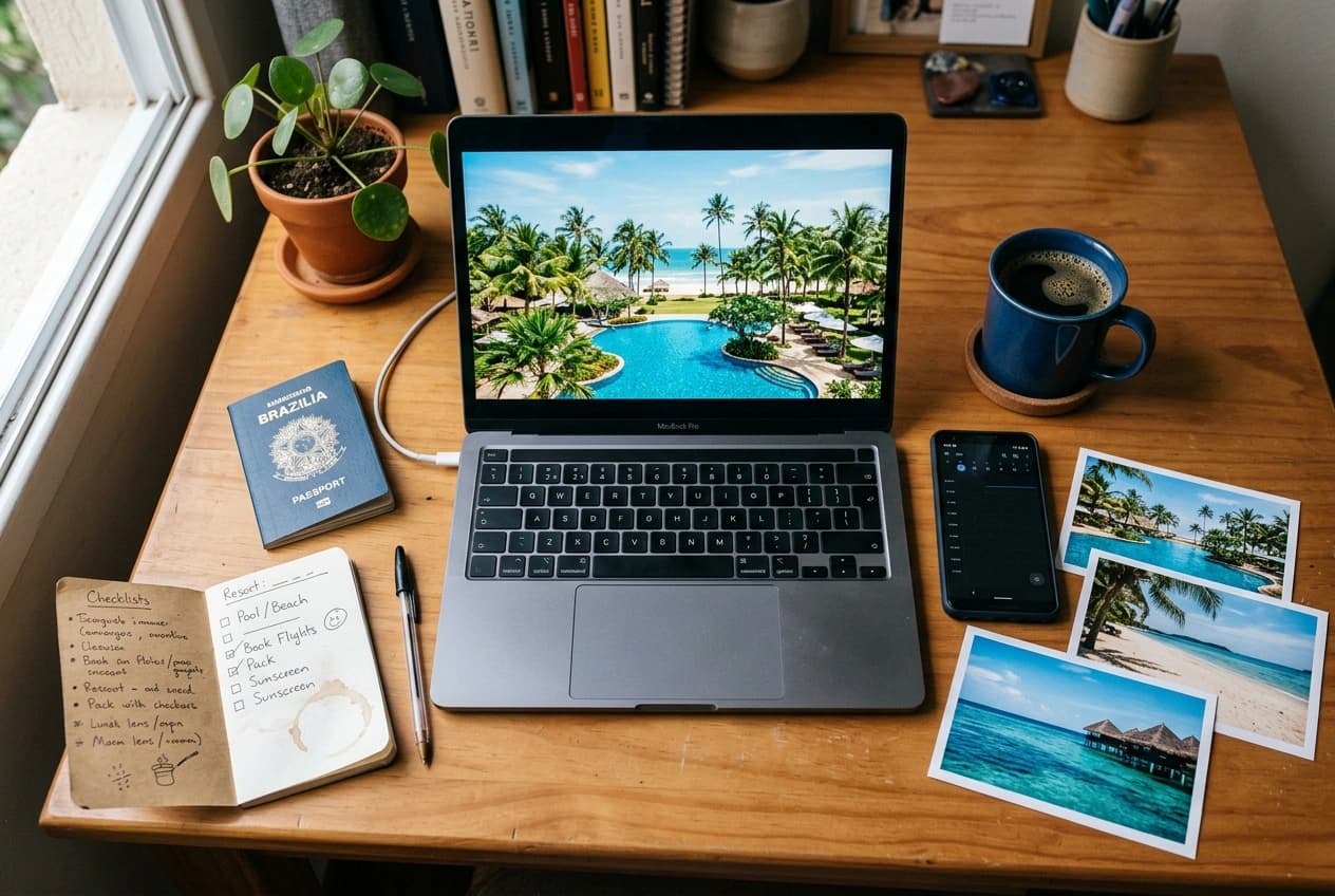 Mesa de planejamento de viagem com laptop mostrando a piscina de um resort, fotos de praia, passaporte e caderno com checklist