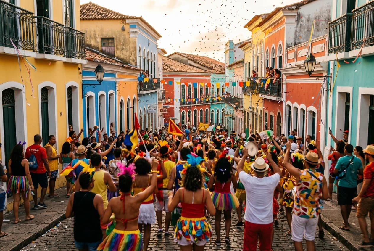 Bloco de Carnaval numa rua de casarões coloridos de uma cidade histórica brasileira, com confete e serpentina no ar