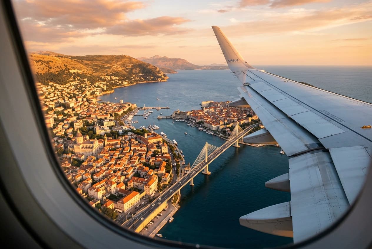 Vista da janela do avião sobre o litoral de uma cidade europeia ao pôr do sol, com telhados antigos, rio, ponte e o mar