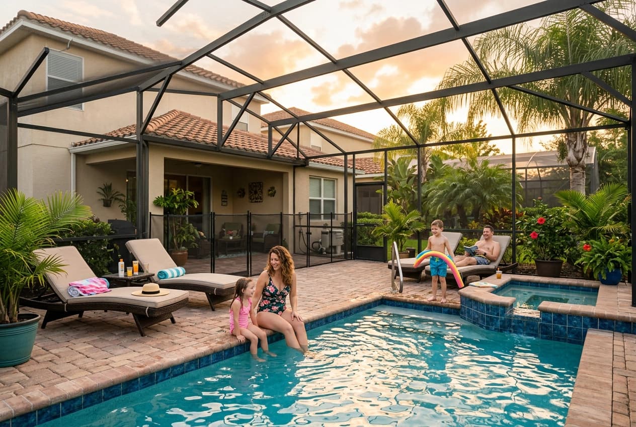 Casa de temporada em Kissimmee com piscina telada, espreguiçadeiras, palmeiras e uma família aproveitando a piscina no fim da tarde