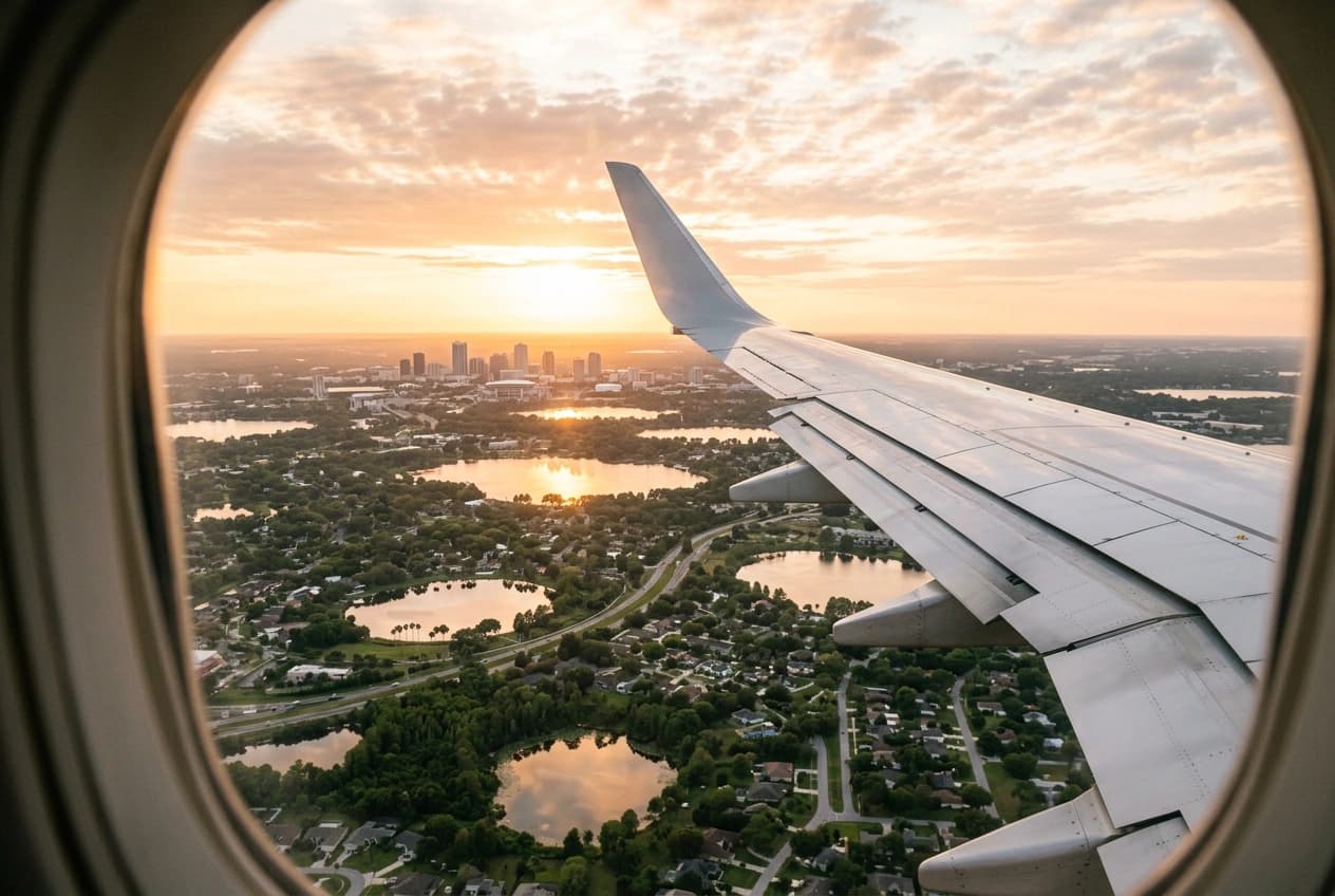 Vista da janela do avião chegando a Orlando no pôr do sol, com lagos, bairros e o centro da cidade ao fundo