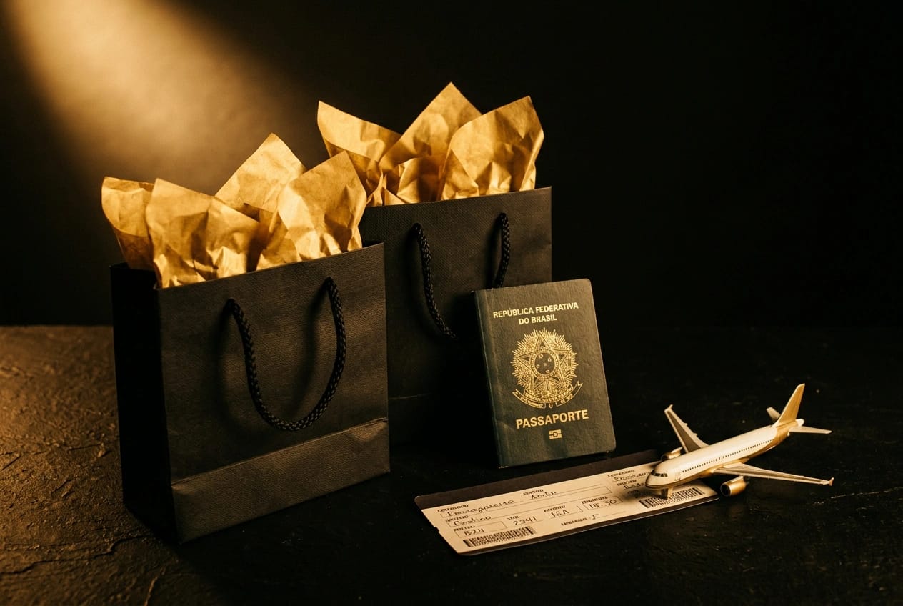 Sacolas pretas de compras com papel dourado, passaporte, cartão de embarque e um avião em miniatura, no clima de Black Friday