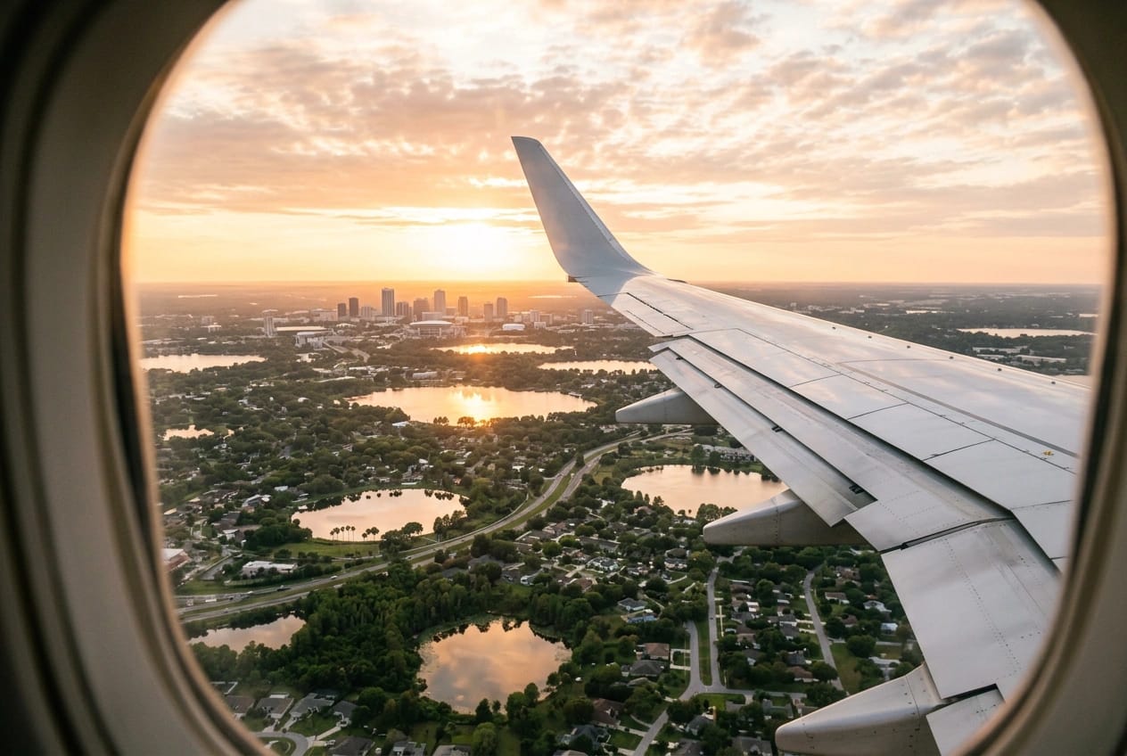 Vista da janela do avião chegando a Orlando no pôr do sol, com lagos, bairros e o centro da cidade ao fundo
