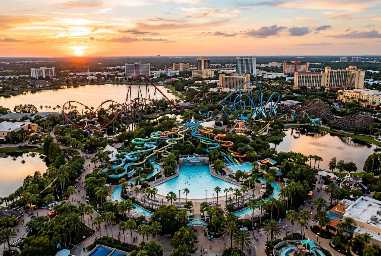 Vista aérea da região dos parques de Orlando ao pôr do sol, com montanhas-russas, parque aquático, lagos e hotéis