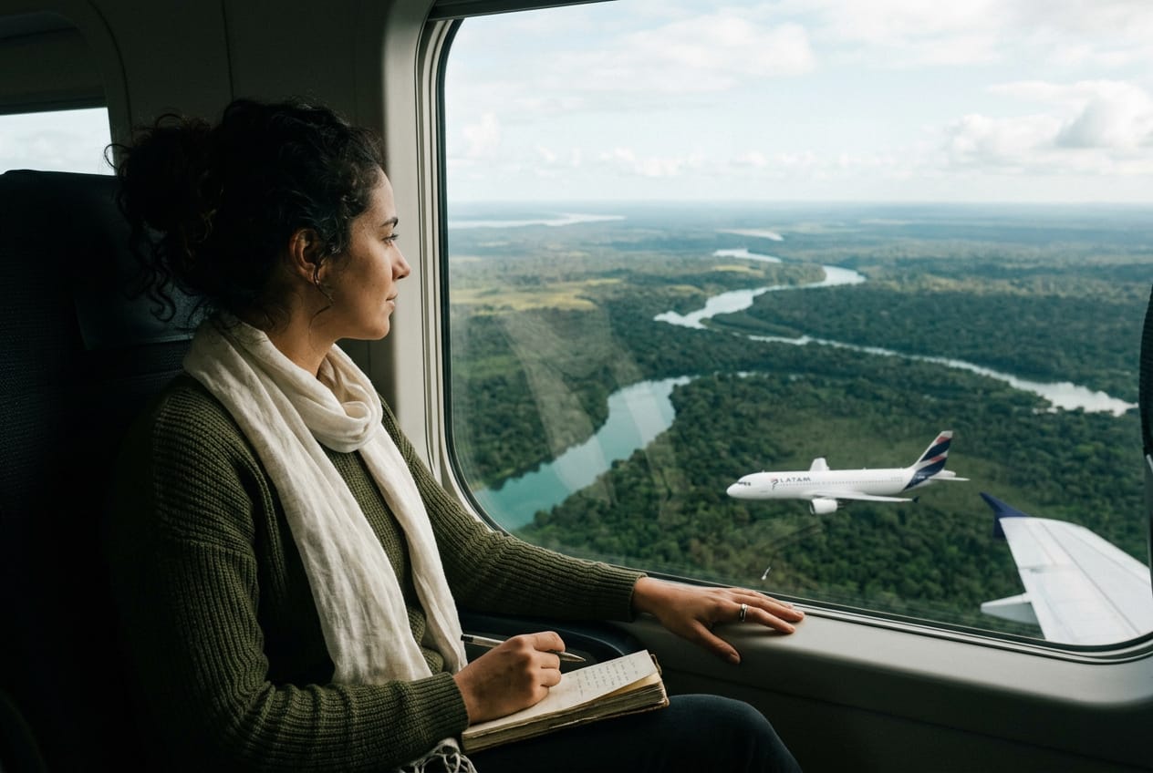 Fotografia editorial brasileira de viagem aerea, mood aspiracional, paisagem nacional, aviao comercial visivel.