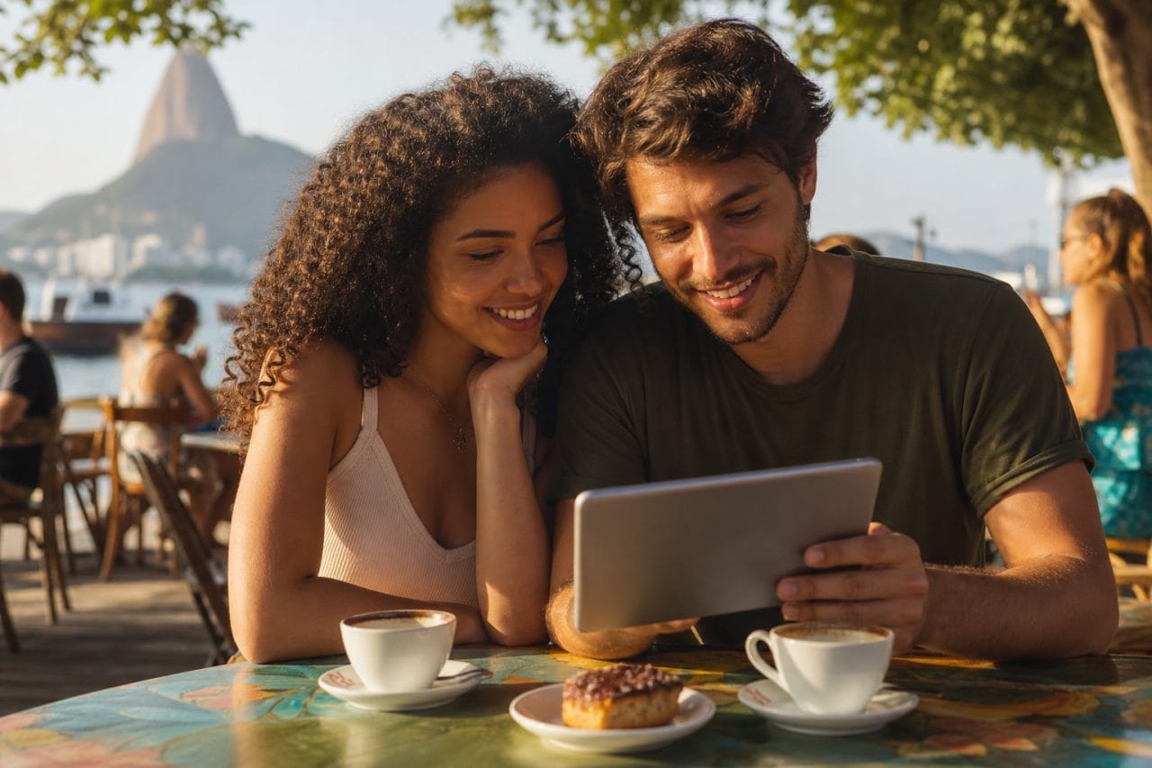 Casal planejando viagem em café ao entardecer