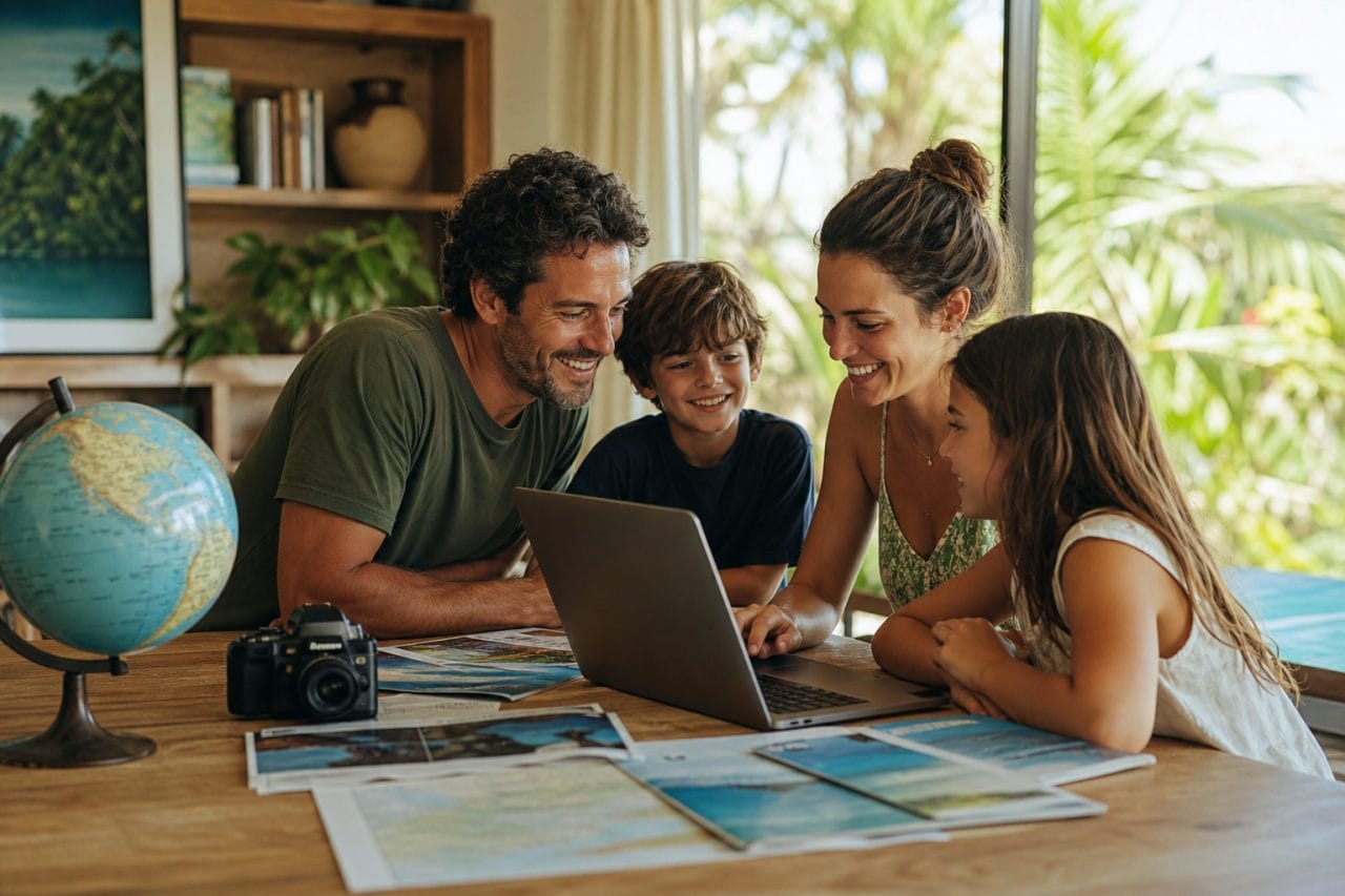 Família planejando viagem em mesa iluminada pelo sol