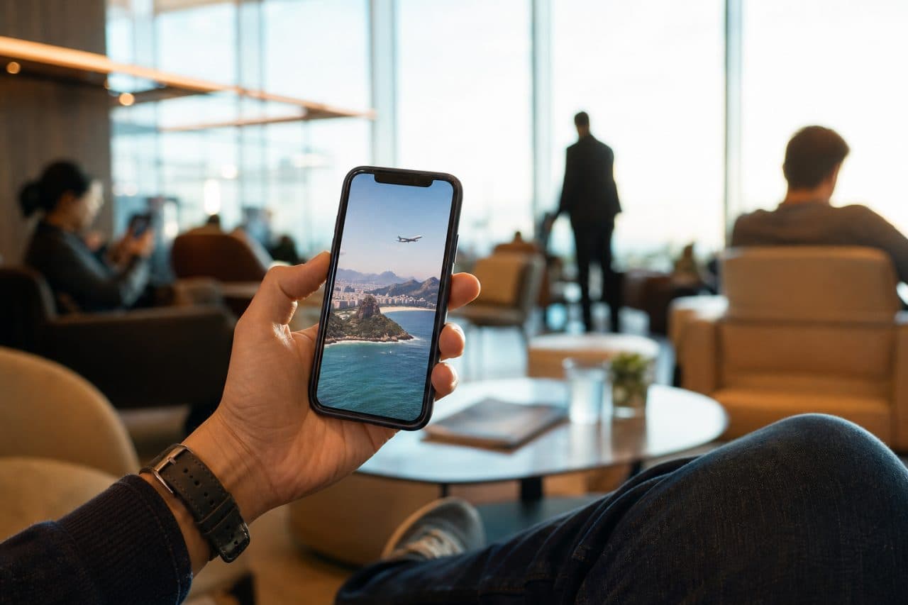 Notificação de bônus de milhas no smartphone de um viajante em lounge de aeroporto.