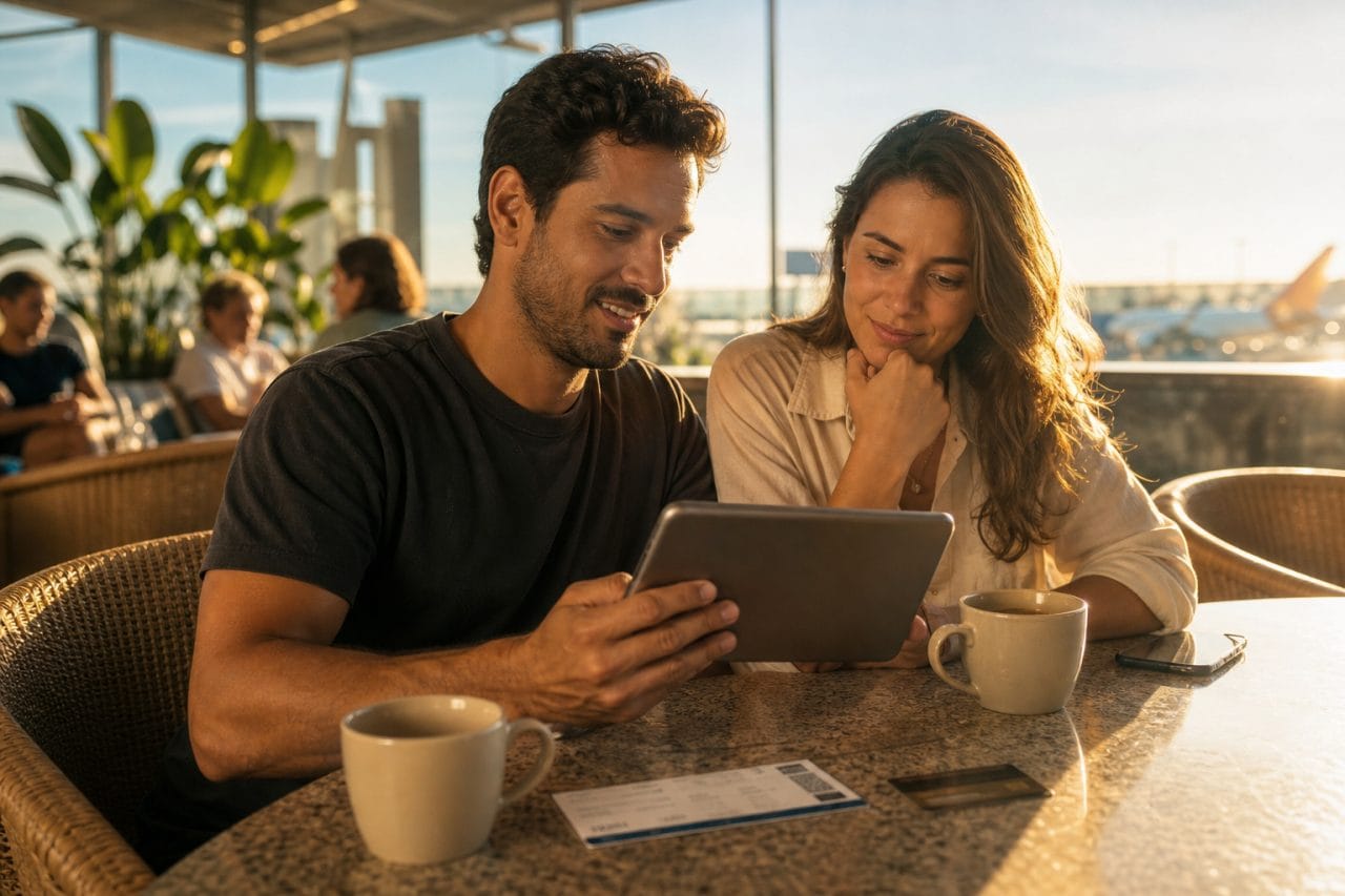 Casal planejando viagem em café durante a hora dourada
