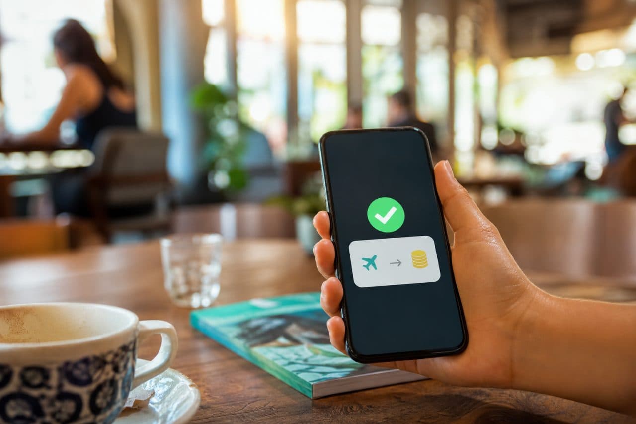 Mão segurando smartphone com notificação de transferência de pontos em café iluminado