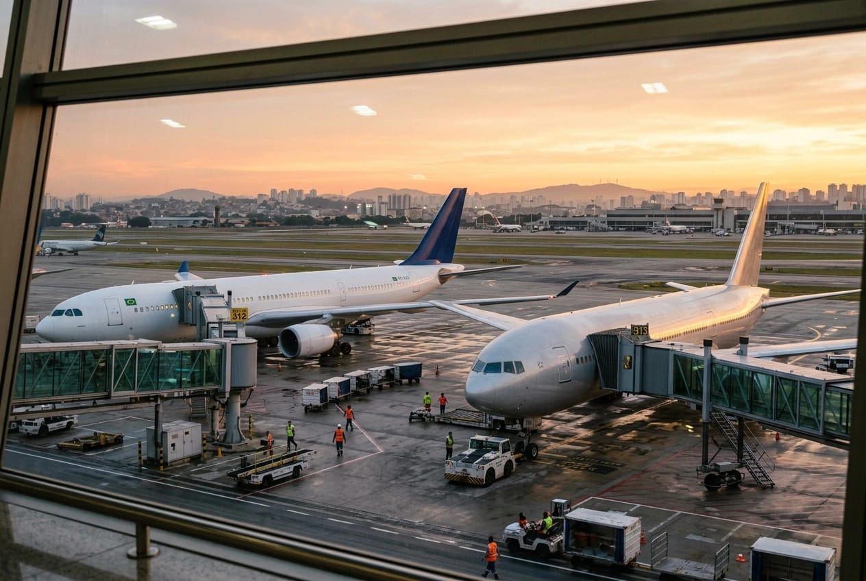 Dois aviões de grande porte lado a lado nos portões de um aeroporto brasileiro ao amanhecer, um de cauda azul e outro de cauda prateada