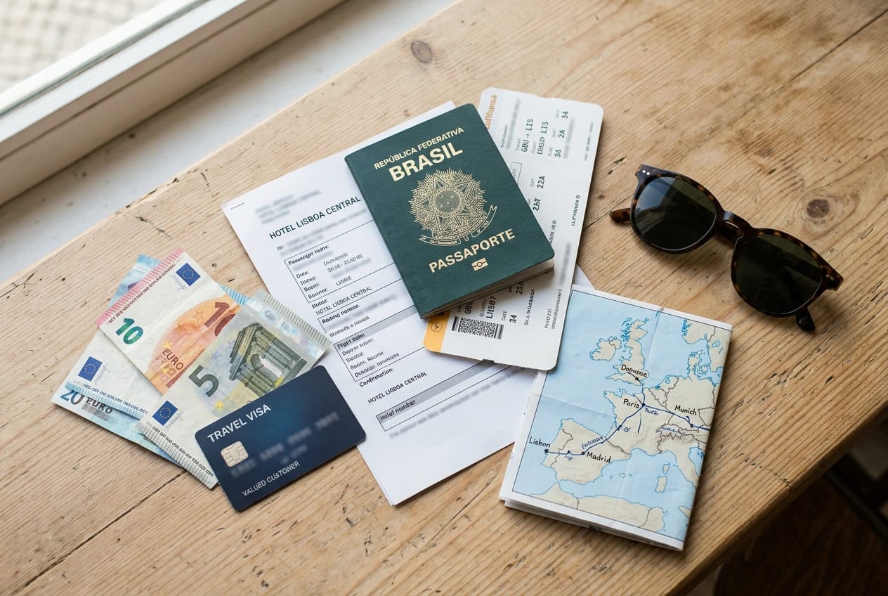 Passaporte brasileiro sobre uma mesa com notas de euro, cartão de embarque, reserva de hotel e um mapa da Europa