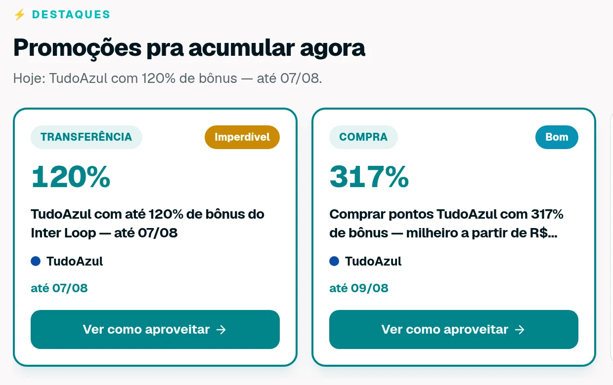 Radar de promoções pra acumular pontos, com bônus de transferência classificados pelo termômetro