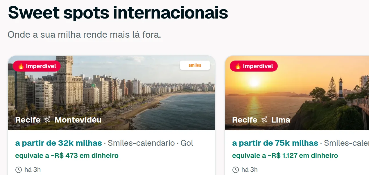 Sweet spots internacionais na busca do Viaja na Milha, com selo imperdível do termômetro e equivalência em reais