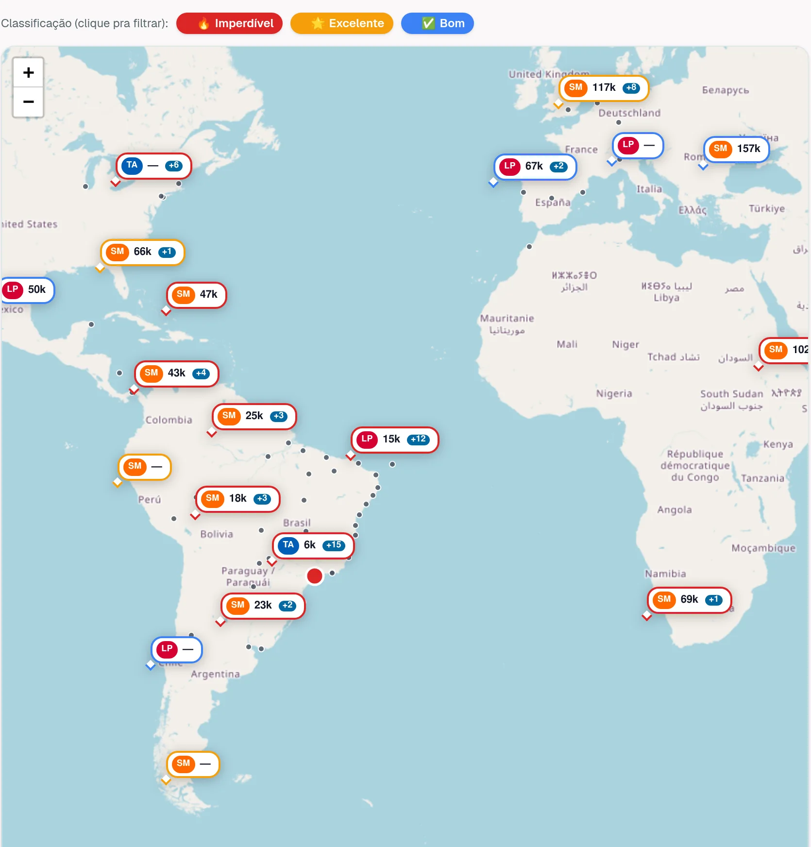 Mapa Múndi das Milhas com preços em milhas por destino e filtros de classificação