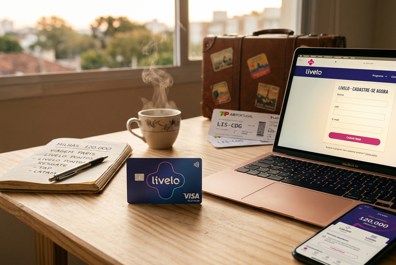 Uma mesa de madeira clara, com um cartão de crédito da Livelo em destaque, ao lado de um laptop aberto mostrando a página de cadastro do programa. Ao fundo, uma xícara de café fumegante e um bloco de notas com anotações sobre milhas. A luz suave da manhã 