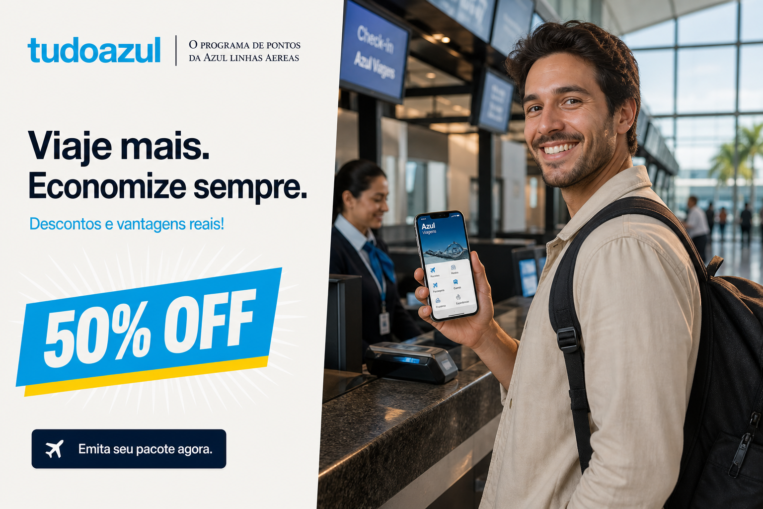 TUDOAZUL — Emita seu pacote agora. — Premium Brazilian travel campaign cover image, ultra cinematic photography, 3:2 horizontal composition.
SCENE: A travel